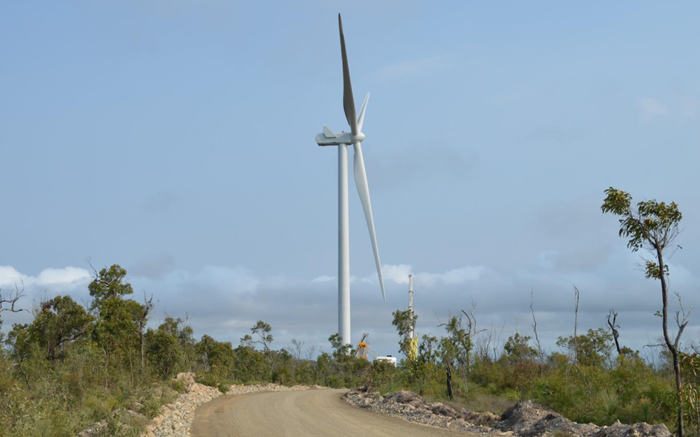 One of the erected Mt Emerald Wind Farm turbines